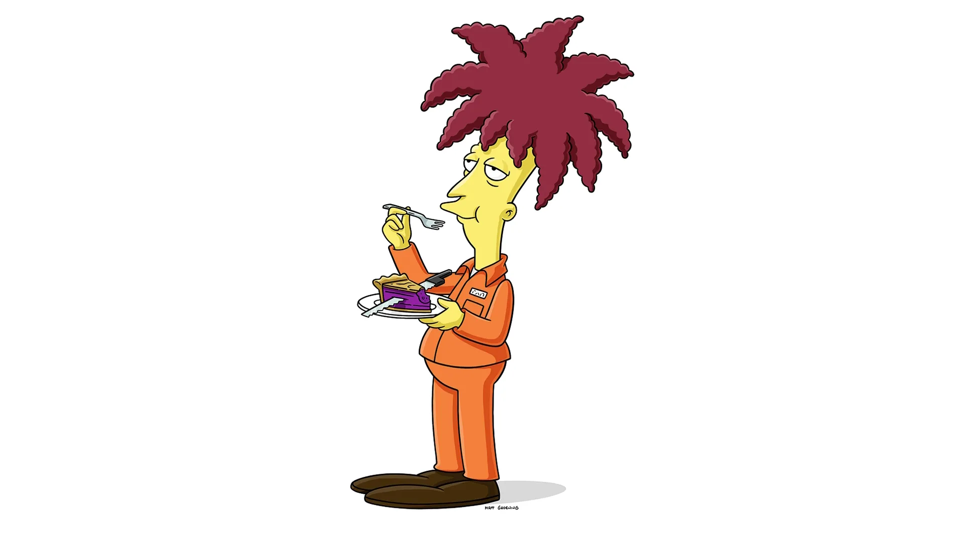 Ilustração digital de Sideshow Bob, de Os Simpsons, com seu icônico cabelo vermelho espetado. O personagem está vestido com seu característico macacão laranja de presidiário, enquanto come calmamente uma fatia de torta.