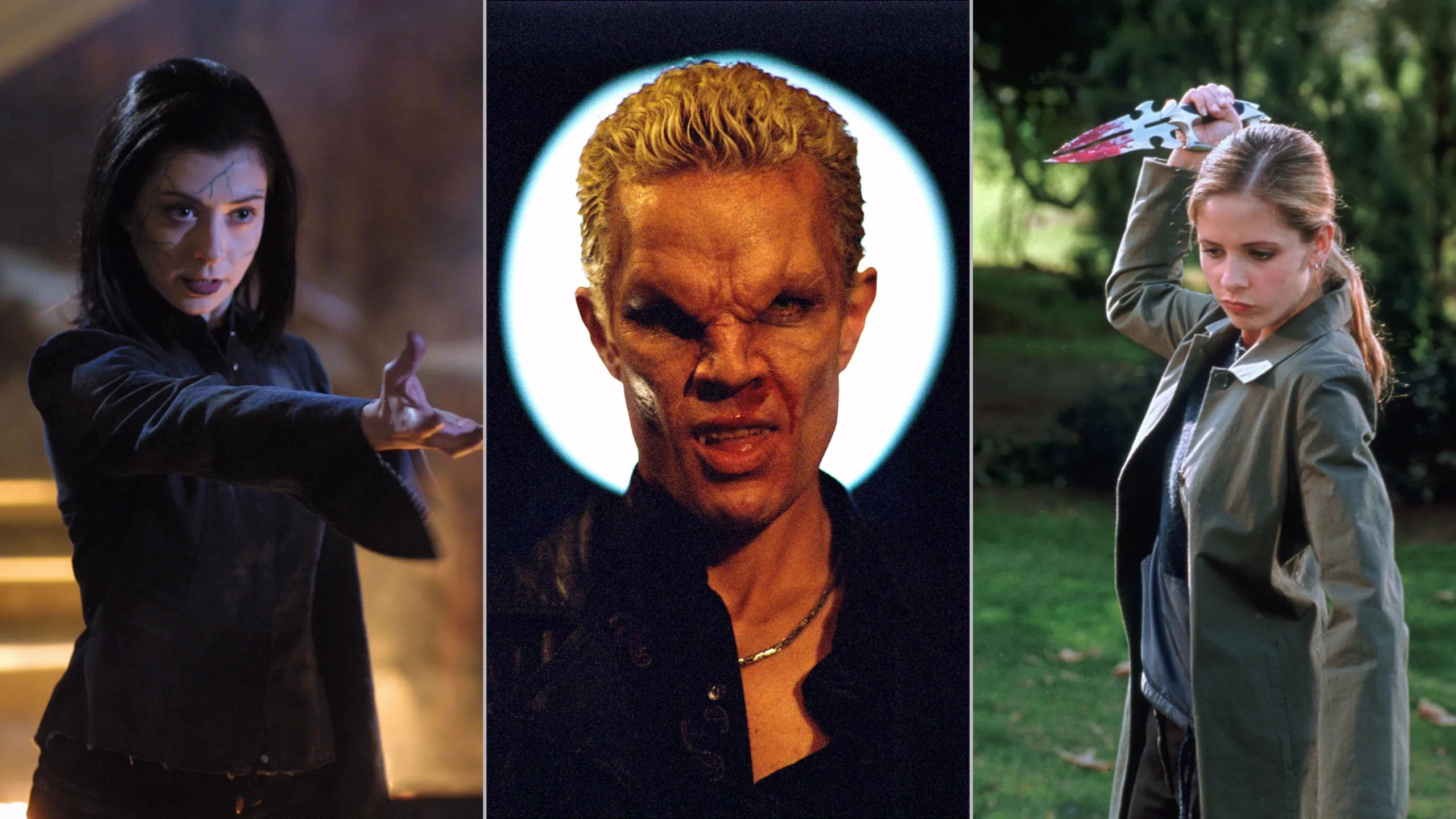 An image split into three parts, featuring Willow Rosenburg (Alyson Hannigan), Spike (James Marsters) and Buffy Anne Summers (Sarah Michelle Gellar).