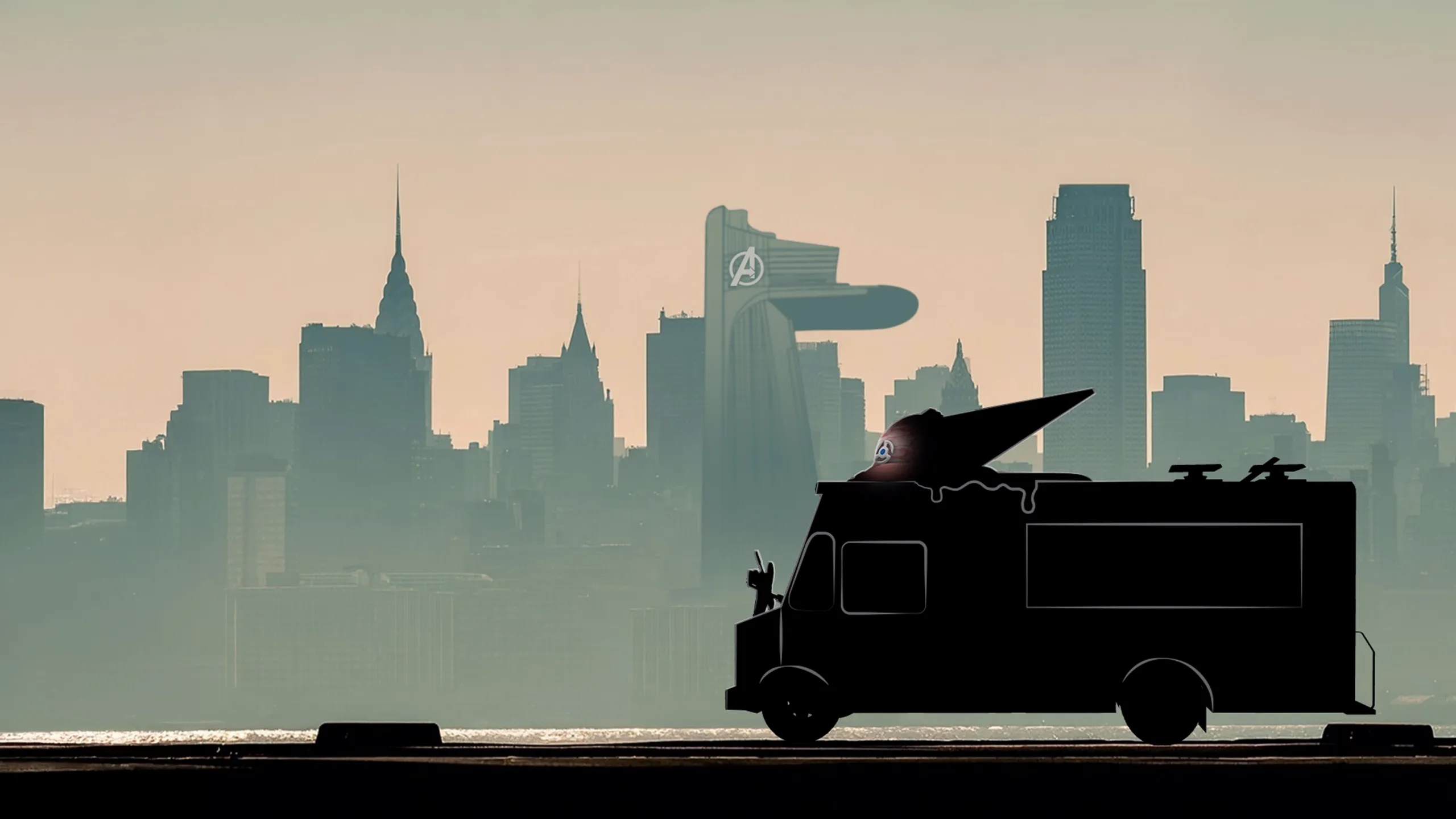 Stylised artwork featuring the Super Hero Scoops ice-cream van driving with the New York skyline in the background featuring the Avengers tower.