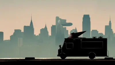 Stylised artwork featuring the Super Hero Scoops ice-cream van driving with the New York skyline in the background featuring the Avengers tower.