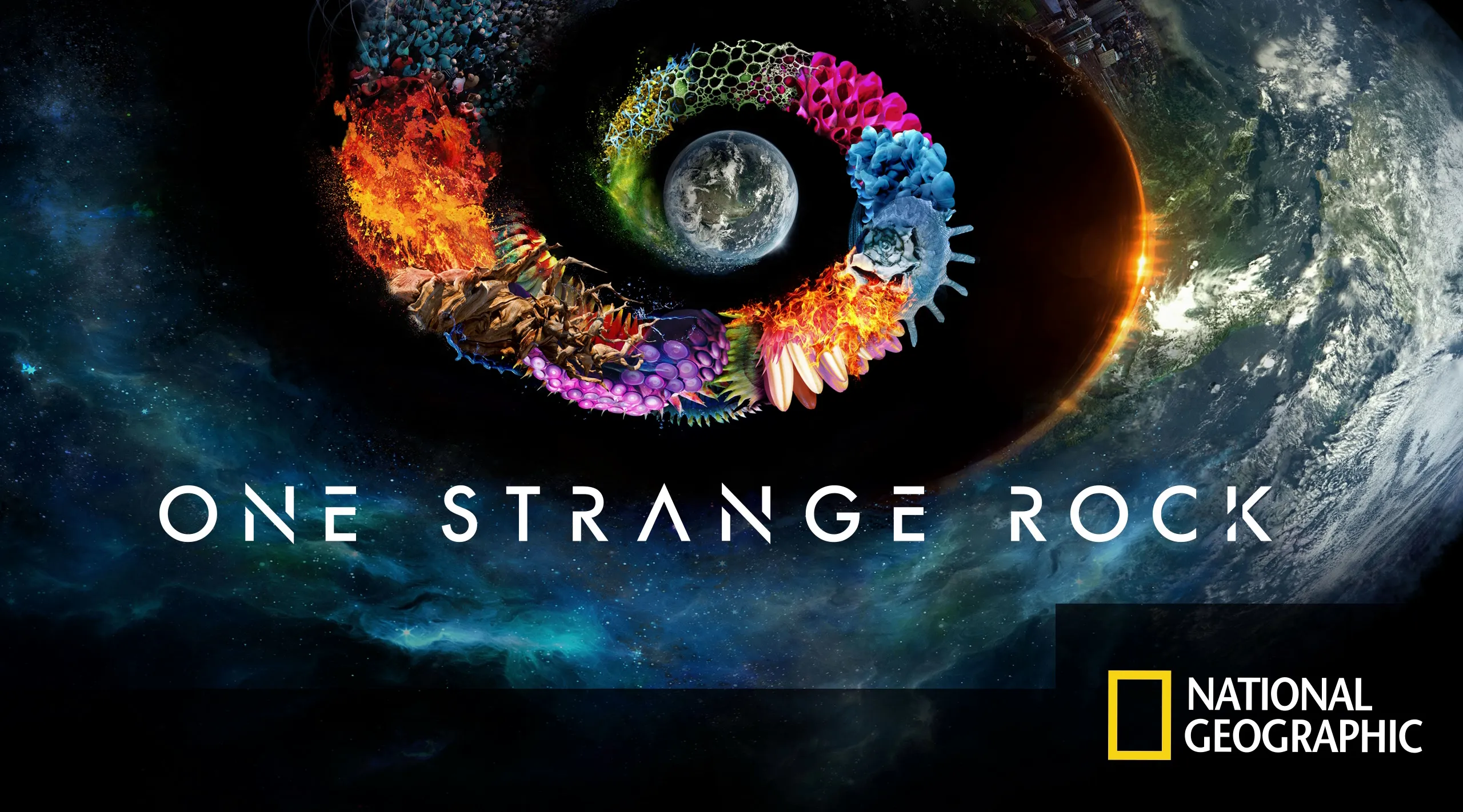The image is the promotional poster for the National Geographic documentary series One Strange Rock, hosted by Will Smith. 