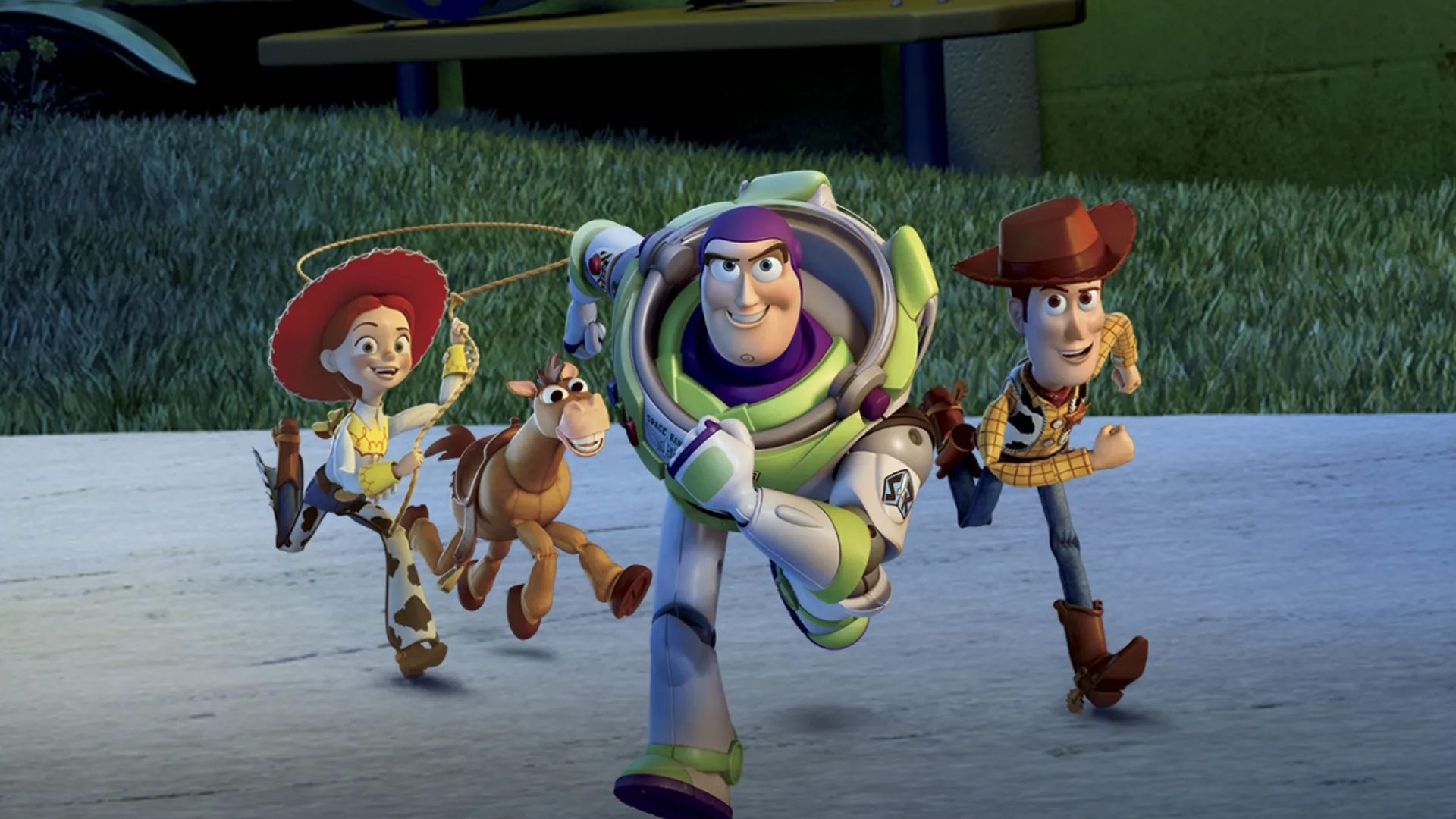 Buzz Lightyear charges forward with Woody, Jessie and Bullseye.