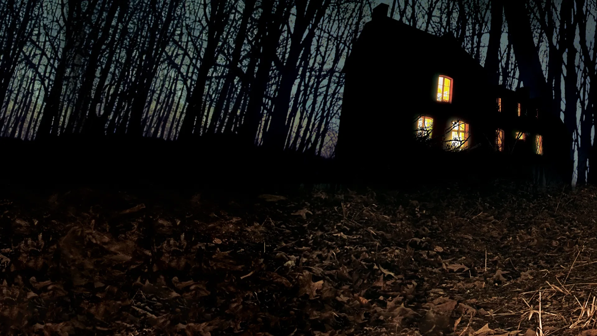 Silhouetted old house at night surrounded by dark bare trees, with several windows casting a warm, eerie yellow glow over a forest floor covered in dead leaves.