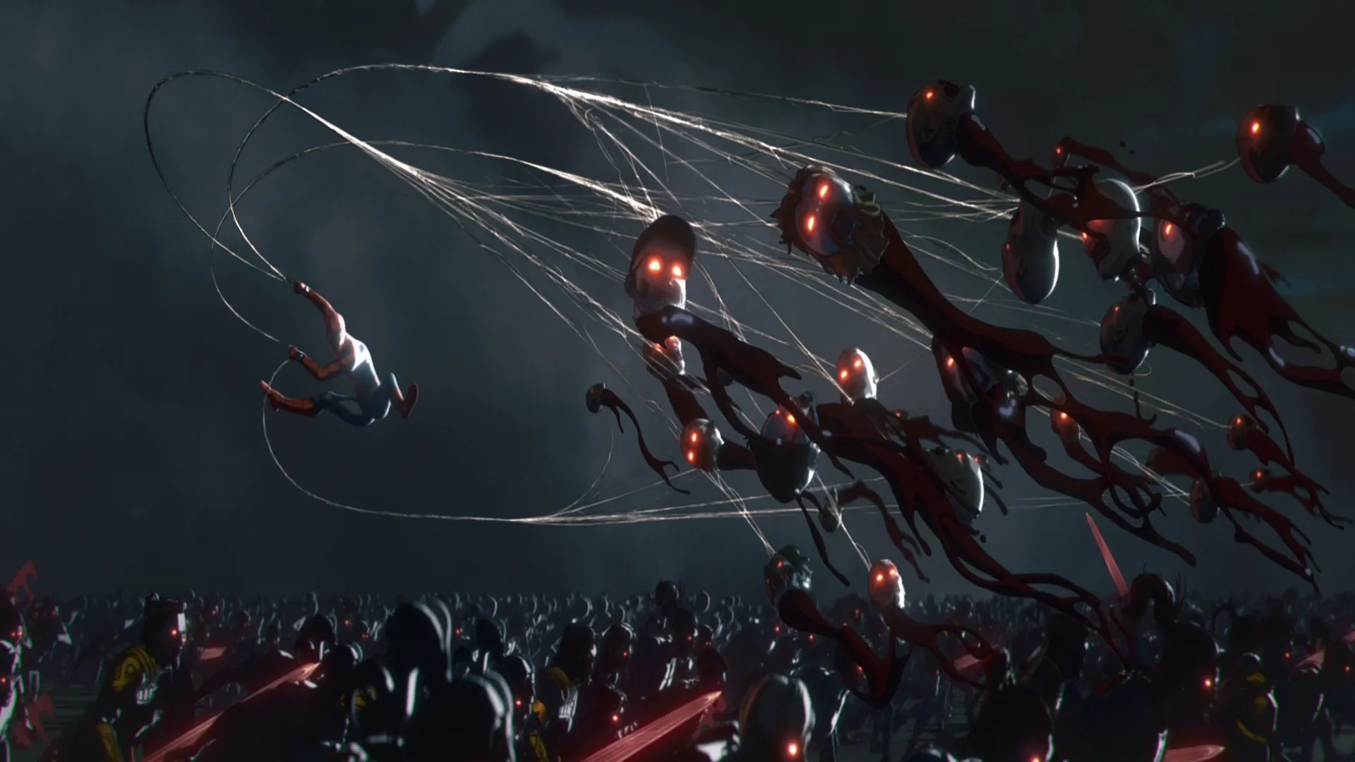 Spider-Man, in mid-air, uses his webs to pull zombies out of a crowd.