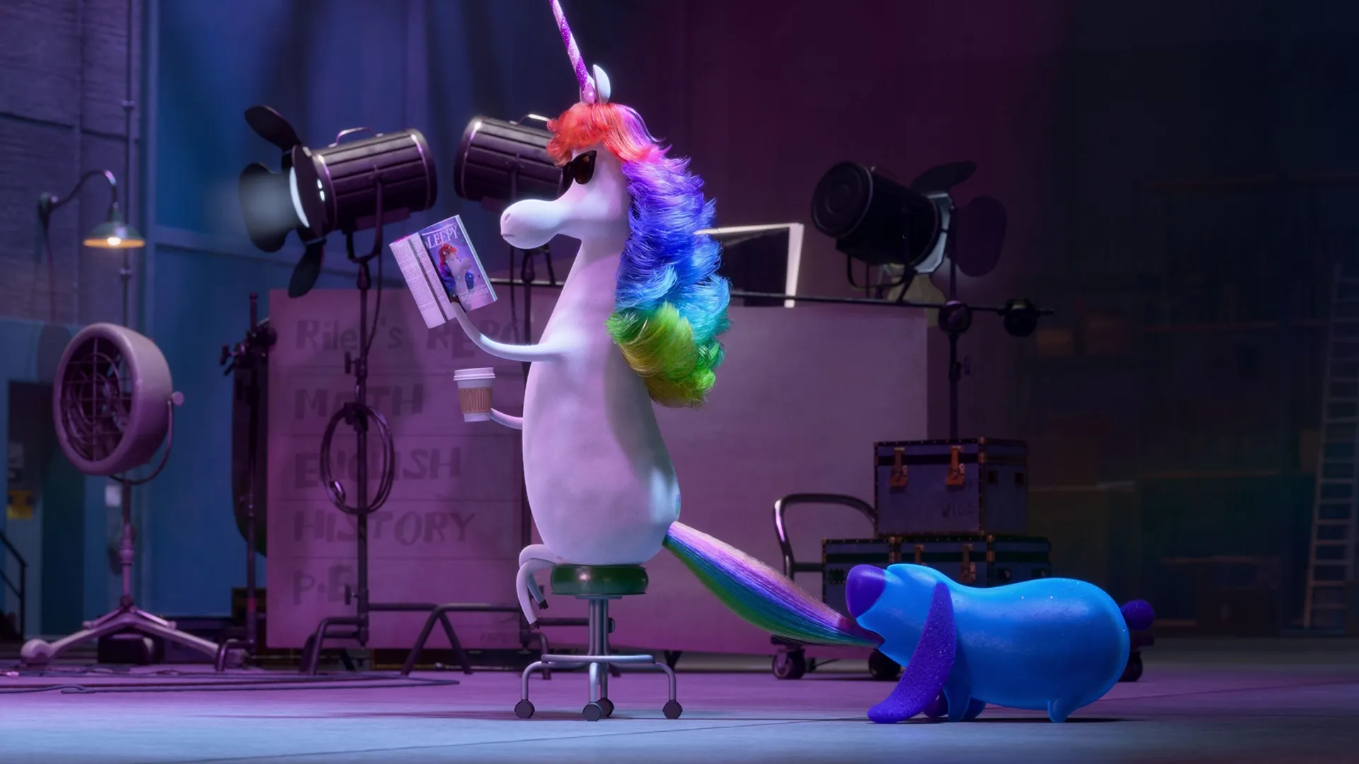 A unicorn sits behind the scenes of a movie set in the Pixar show, Dream Productions.