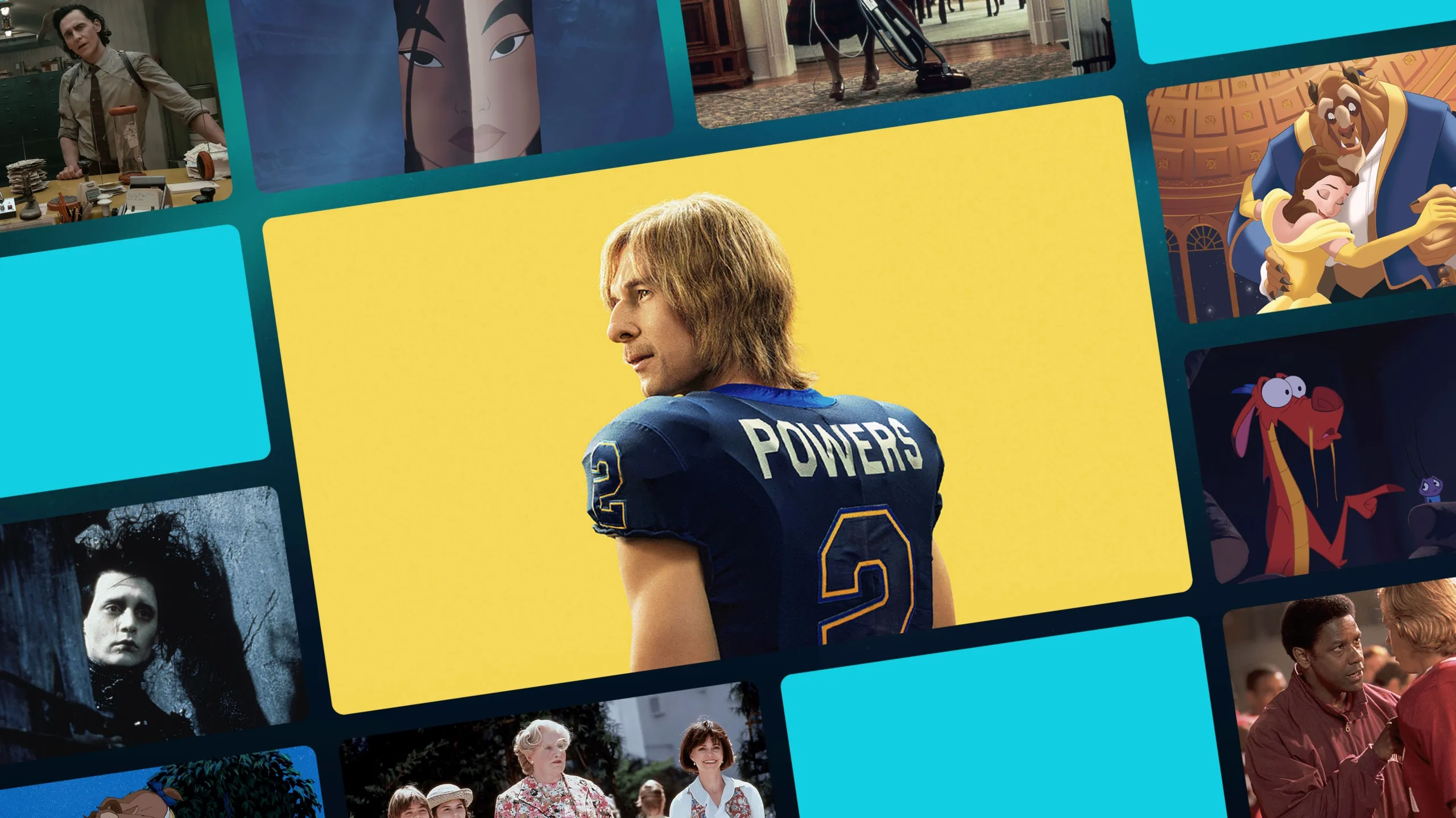 A collage of movie and TV show posters featuring Glen Powell in a blue football uniform for the series "Chad Powers" as the central focus, surrounded by snippets of Spider-Man, Beauty and the Beast, and Loki.