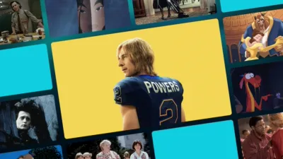 A collage of movie and TV show posters featuring Glen Powell in a blue football uniform for the series "Chad Powers" as the central focus, surrounded by snippets of Spider-Man, Beauty and the Beast, and Loki.