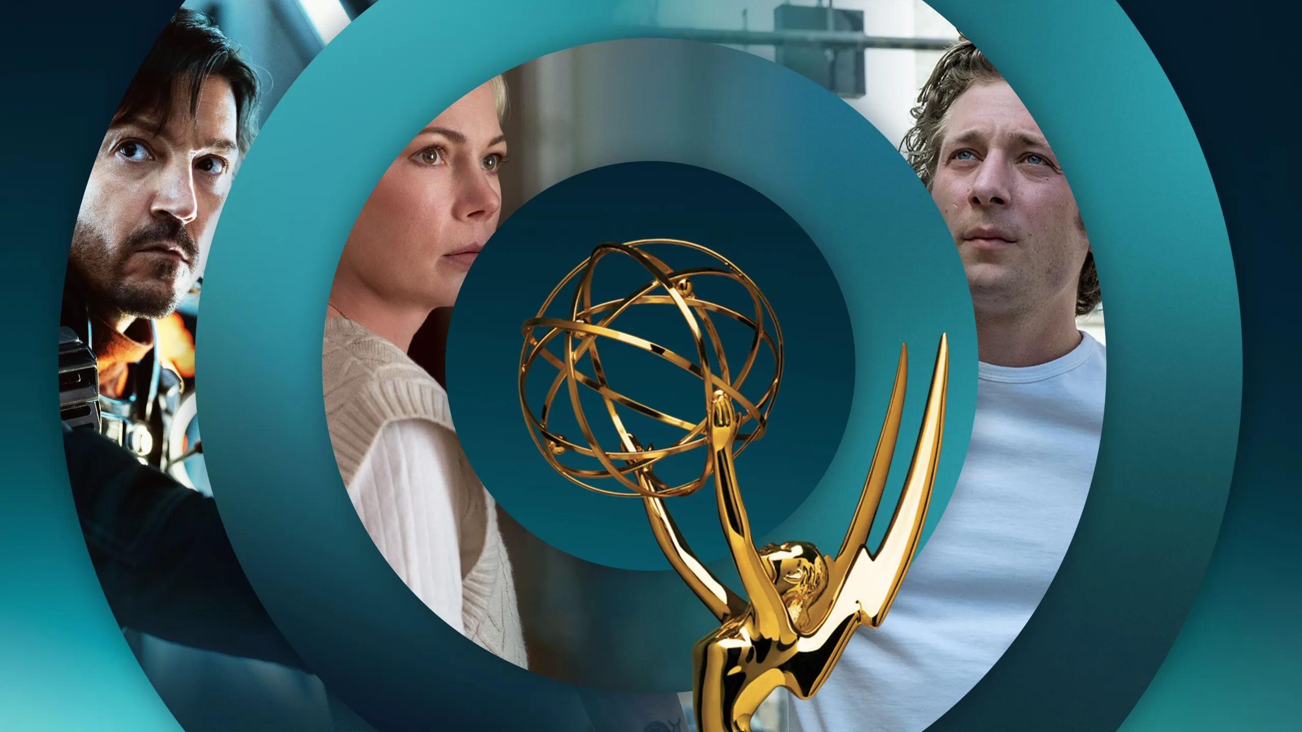 Circular collage depicting Emmy® nominated series including Andor, Dying for Sex and The Bear with an Emmy® trophy in the center.