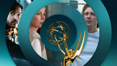 Circular collage depicting Emmy® nominated series including Andor, Dying for Sex and The Bear with an Emmy® trophy in the center.