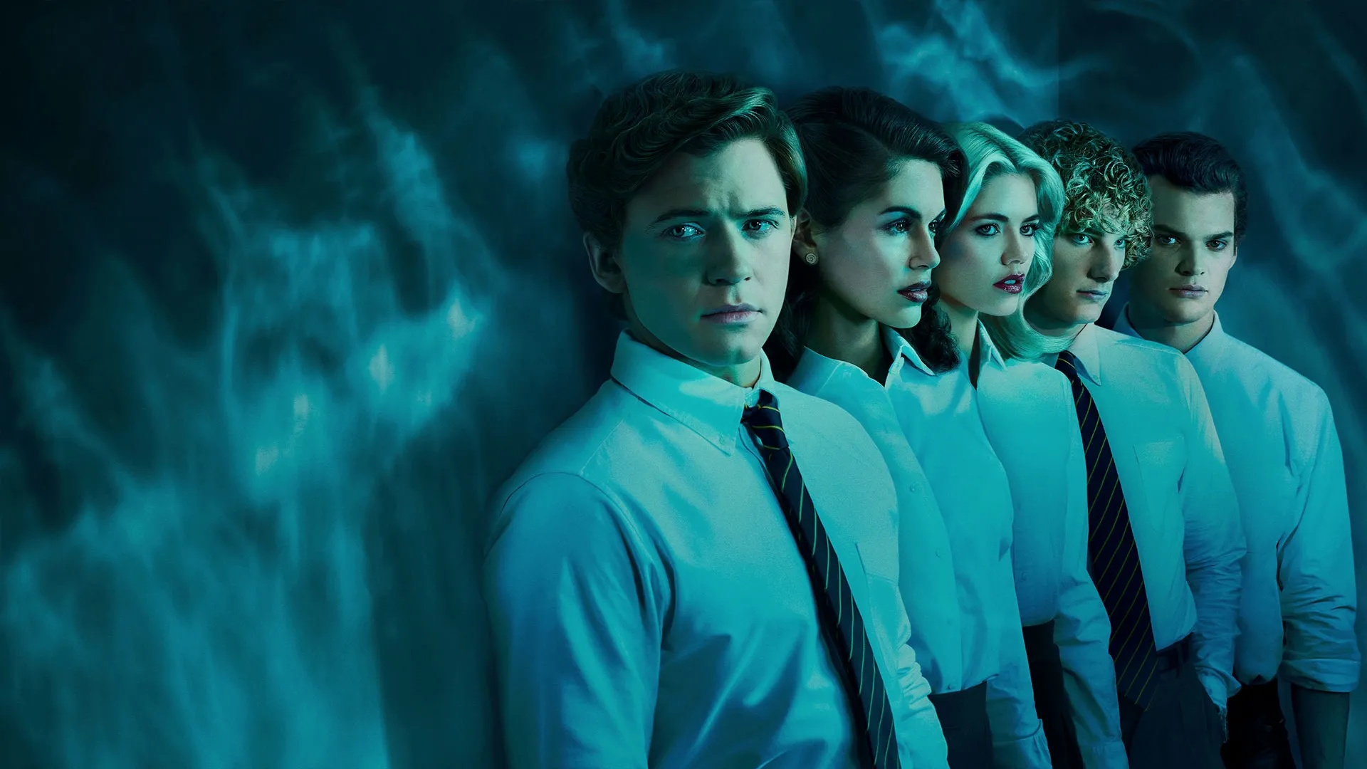 Key art for The Shards featuring five students in school uniforms standing against a dark blue, mist-filled background.