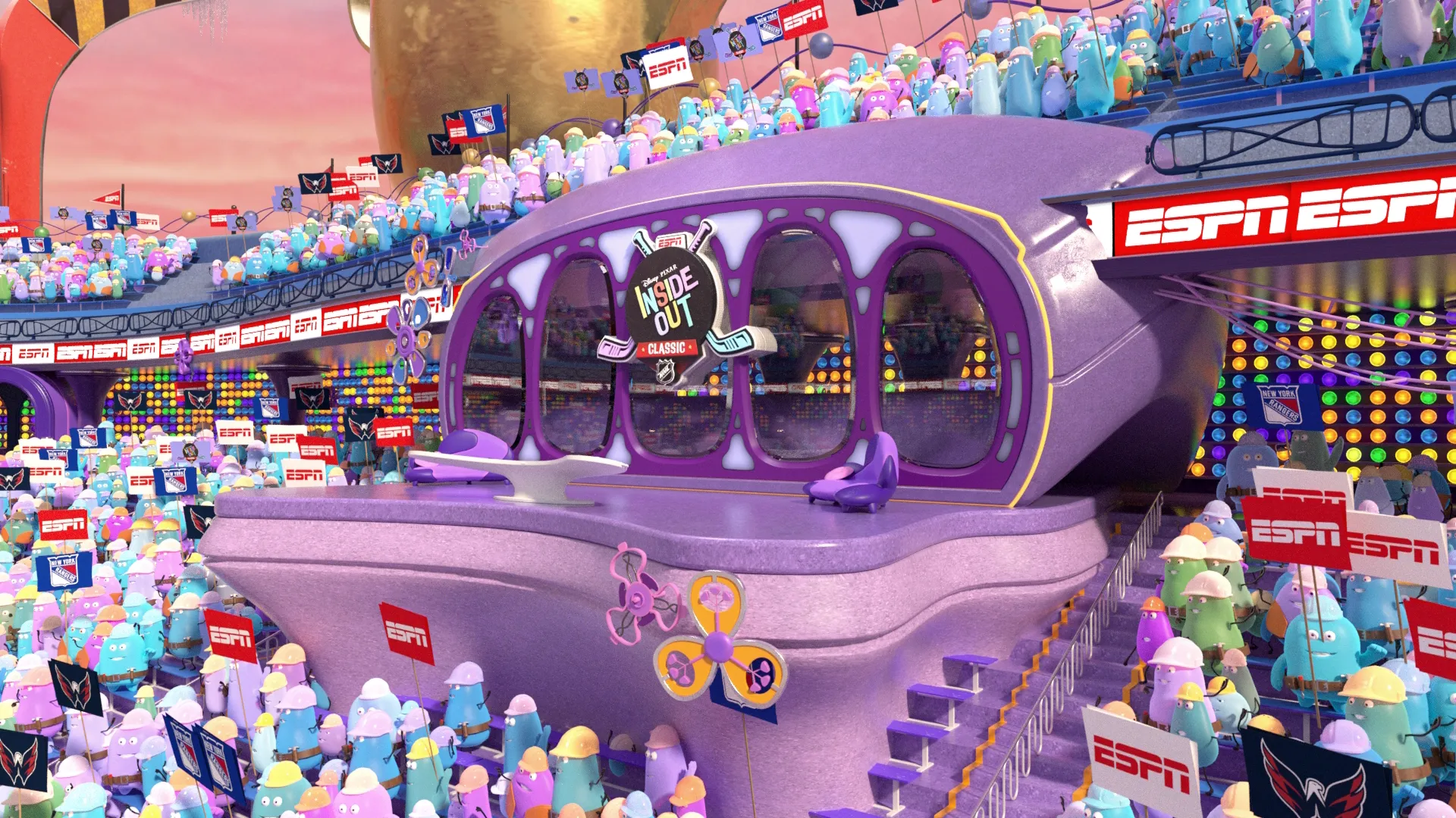 Stadium shot for NHL alt-cast of the Washington Capitals vs New York Rangers game, featuring characters from Pixar's Inside Out franchise.