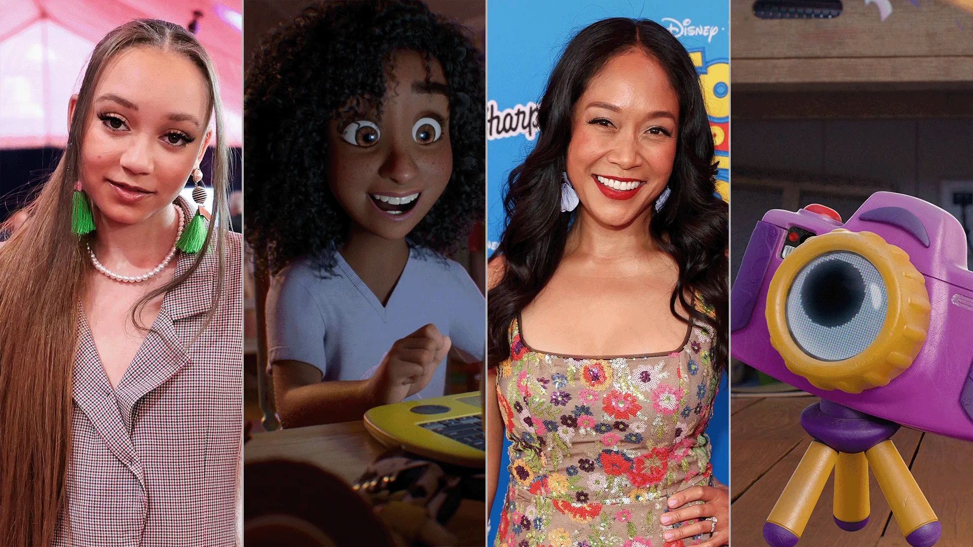 Four-panel collage displaying the voice actresses and new characters from Pixar's Toy Story 5: Mykal-Michelle Harris alongside the 9-year-old character Blaze, and Shelby Rabara alongside the purple and yellow toy camera character Snappy.