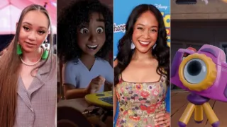 Four-panel collage displaying the voice actresses and new characters from Pixar's Toy Story 5: Mykal-Michelle Harris alongside the 9-year-old character Blaze, and Shelby Rabara alongside the purple and yellow toy camera character Snappy.