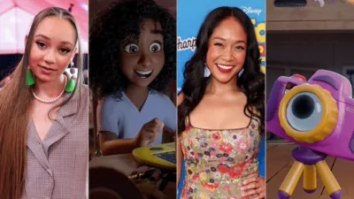 Four-panel collage displaying the voice actresses and new characters from Pixar's Toy Story 5: Mykal-Michelle Harris alongside the 9-year-old character Blaze, and Shelby Rabara alongside the purple and yellow toy camera character Snappy.