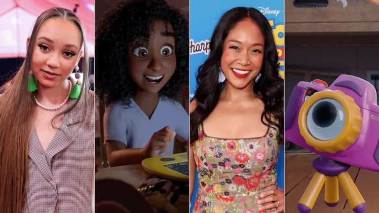 Colagem de quatro painéis que mostra as dubladoras e os novos personagens de Toy Story 5, da Pixar: Mykal-Michelle Harris ao lado de Blaze, a personagem de 9 anos, e Shelby Rabara ao lado de Snappy, o brinquedo em formato de câmera nas cores roxo e amarelo.