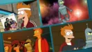 Uma colagem de quatro cenas da série de animação para televisão Futurama apresenta os personagens Fry, Bender e Leela em diversos cenários, incluindo Fry segurando um exemplar da trilha sonora de Clube dos Cinco e Fry segurando um cachorro.