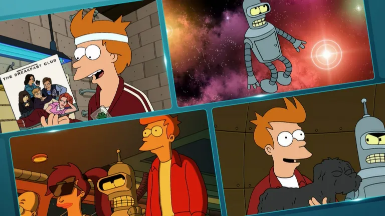 A collage of four scenes from the animated television show Futurama features the characters Fry, Bender, and Leela in various settings, including Fry holding a copy of The Breakfast Club soundtrack and Fry holding a dog.