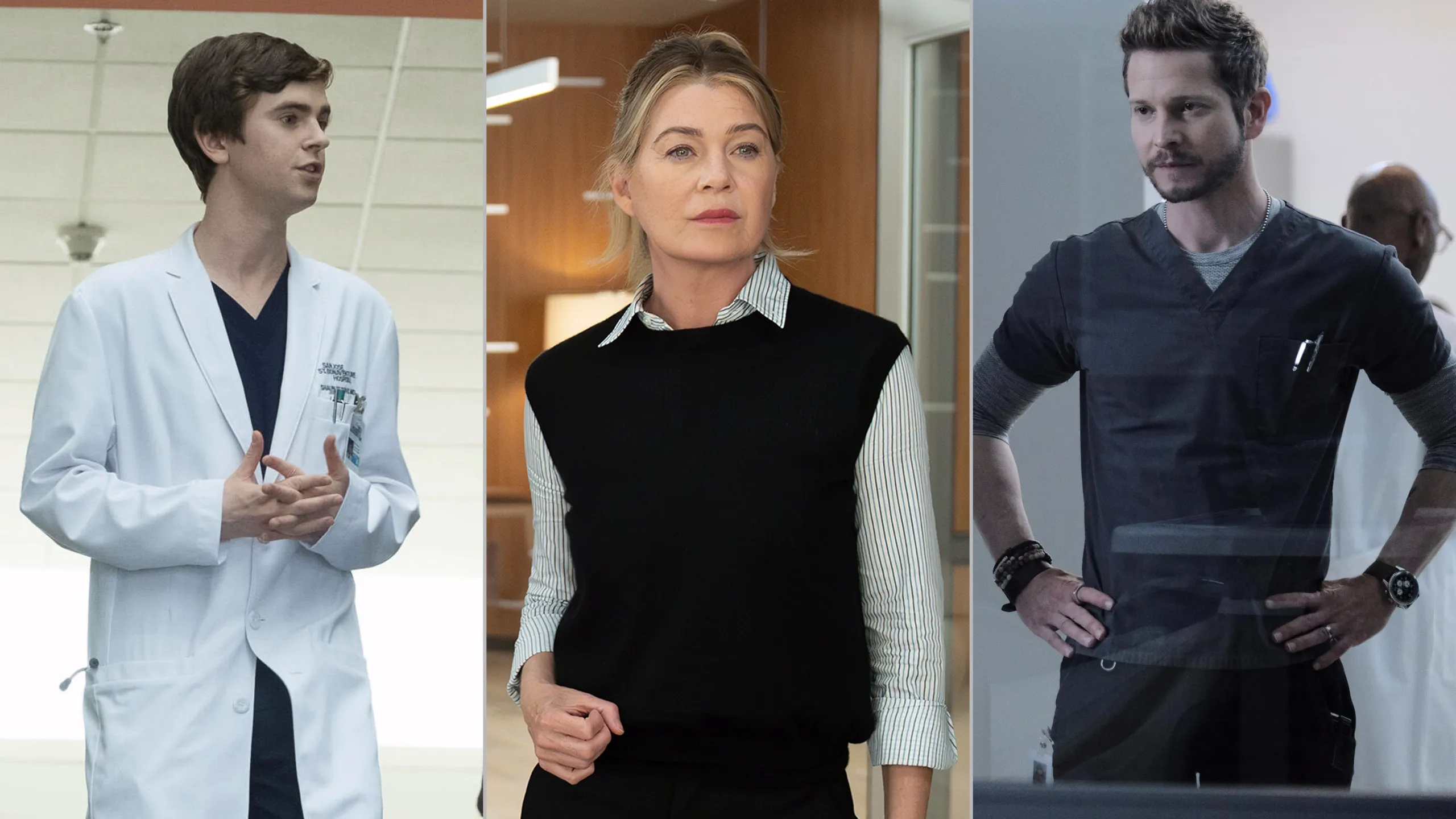 An image split into three parts featuring Shaun Murphy from The Good Doctor, Meredith Grey from Grey's Anatomy, and Conrad Hawkins from The Resident.