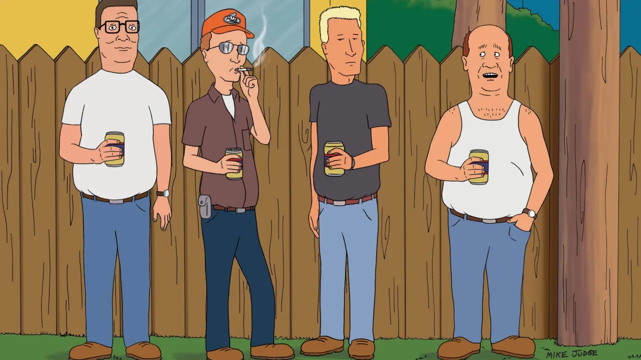 Hank Hill and friends hanging out and drinking beer.