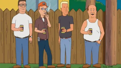 Hank Hill and friends hanging out and drinking beer.