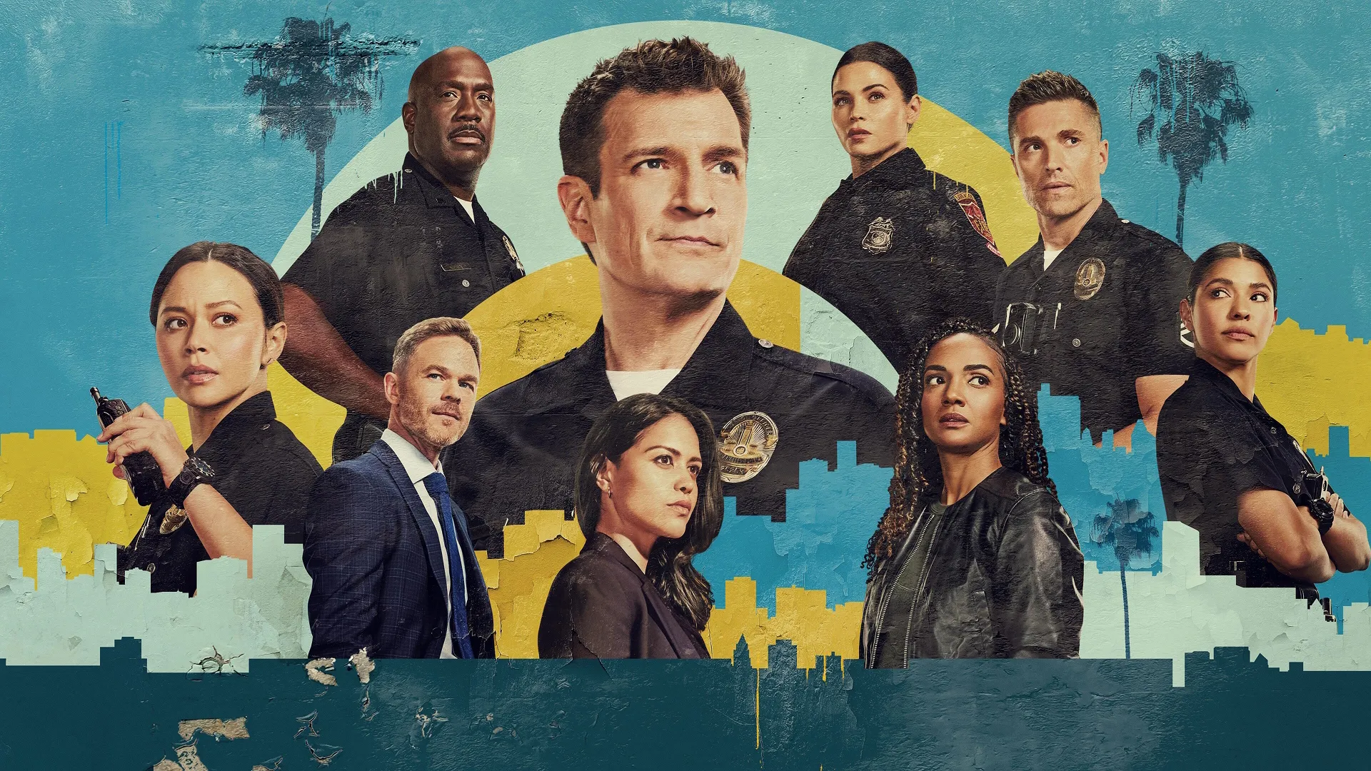 Promotional art featuring the cast of The Rookie (L-R): Sergeant Wade Grey (Richard T. Jones,) Angela Lopez (Alyssa Diaz,) Wesley Evers (Shawn Ashmore,) John Nolan (Nathan Fillion,) Lucy Chen (Melissa O'Neil,) Nyla Harper (Mekia Cox,) Bailey Nune (Jenna Dewan,) and Tim Bradford (Eric Winter.)