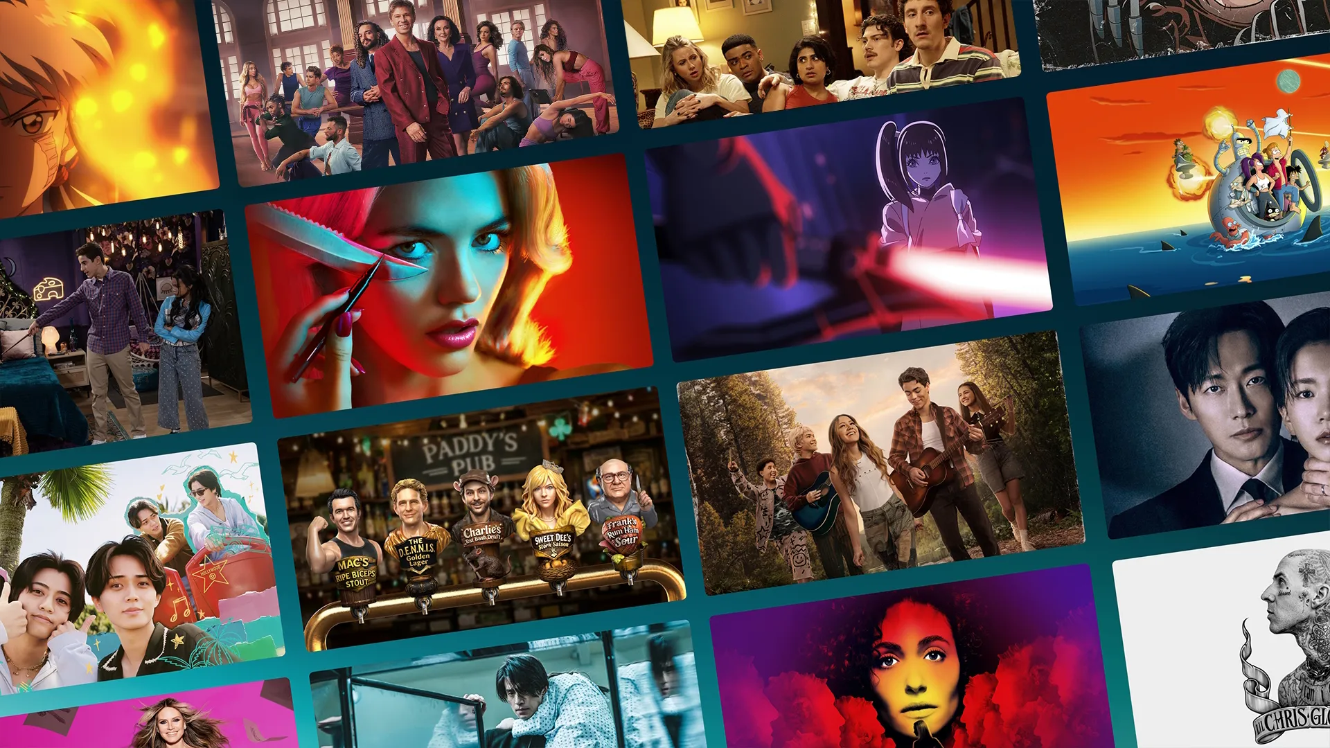 A grid of streaming platform tiles features promotional artwork for various television shows and films, including Camp Rock 3, FX's The Shards, and other live-action and animated series.