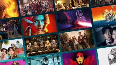 A grid of streaming platform tiles features promotional artwork for various television shows and films, including Camp Rock 3, FX's The Shards, and other live-action and animated series.