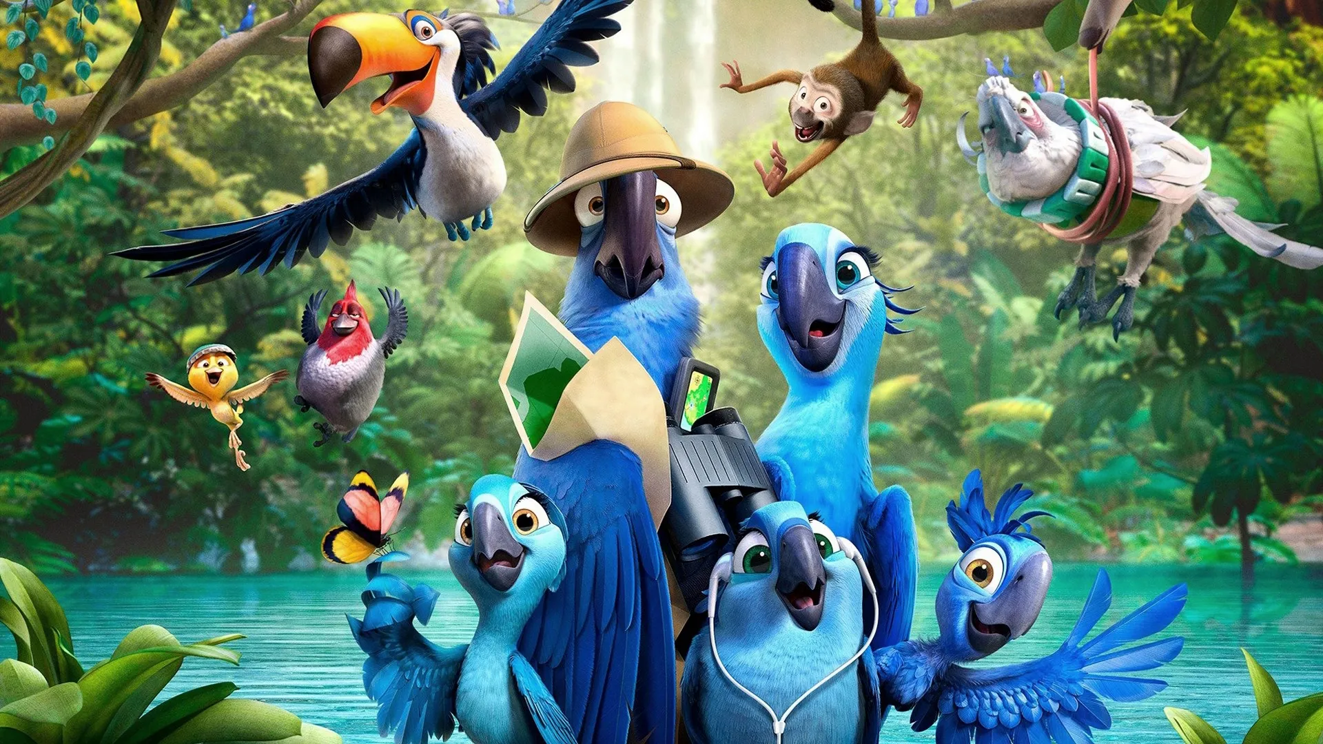 Blu (voice of Jesse Eisenberg) and Jewel (voice of Anne Hathaway) with their kids in the Amazon Rainforest in Rio 2.