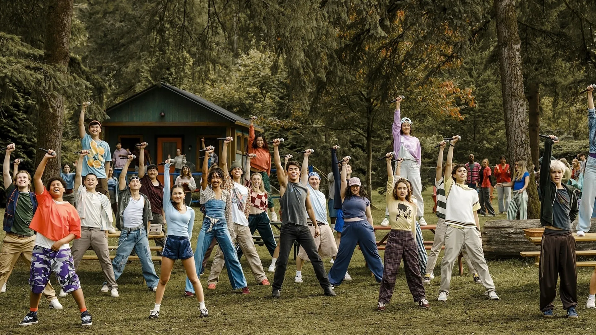 The ensemble of Camp Rock 3 during an outdoor dance number