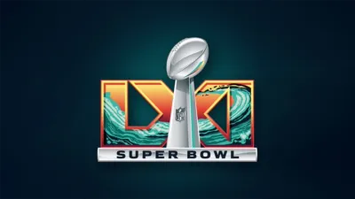 The image shows the official logo for Super Bowl LXI, which will take place on February 14, 2027, at SoFi Stadium in Inglewood, California. 