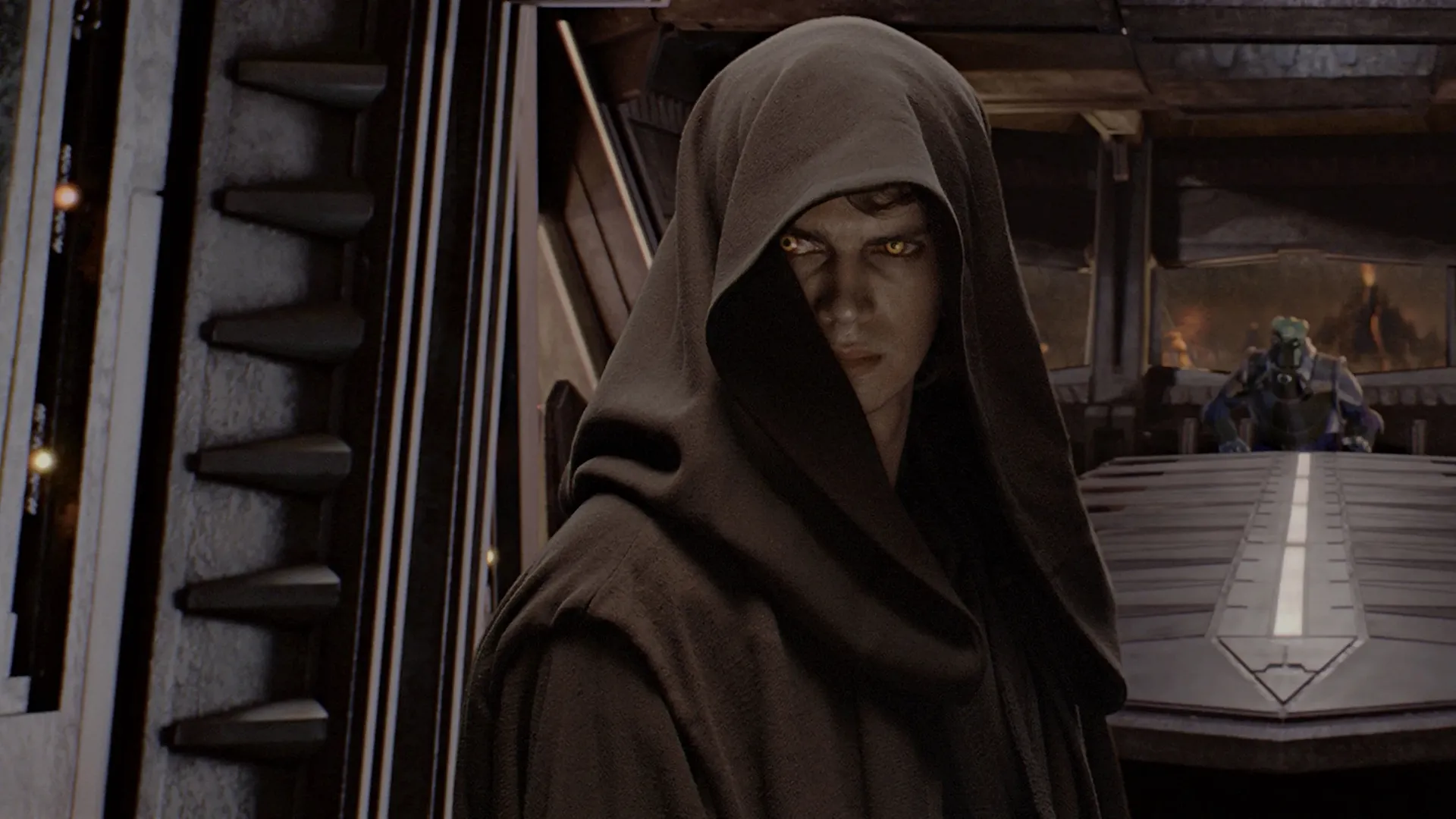 Anakin Skywalker (Hayden Christensen) stares with yellow Sith eyes on Mustafar after falling to the Dark Side.