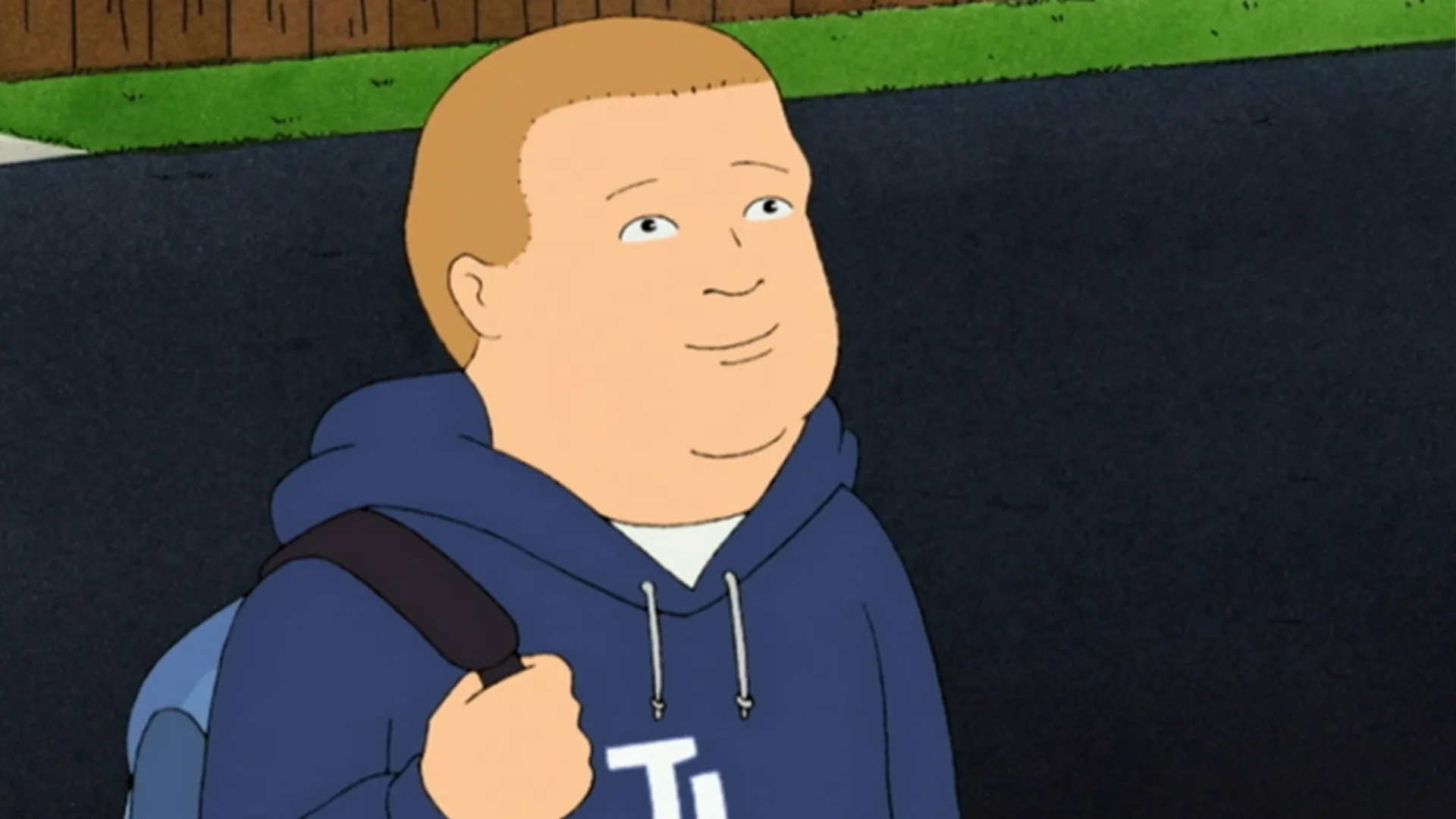 An animated screenshot shows a smiling Bobby (Pamela Adlon) wearing a dark blue hoodie and carrying a backpack on his shoulder.