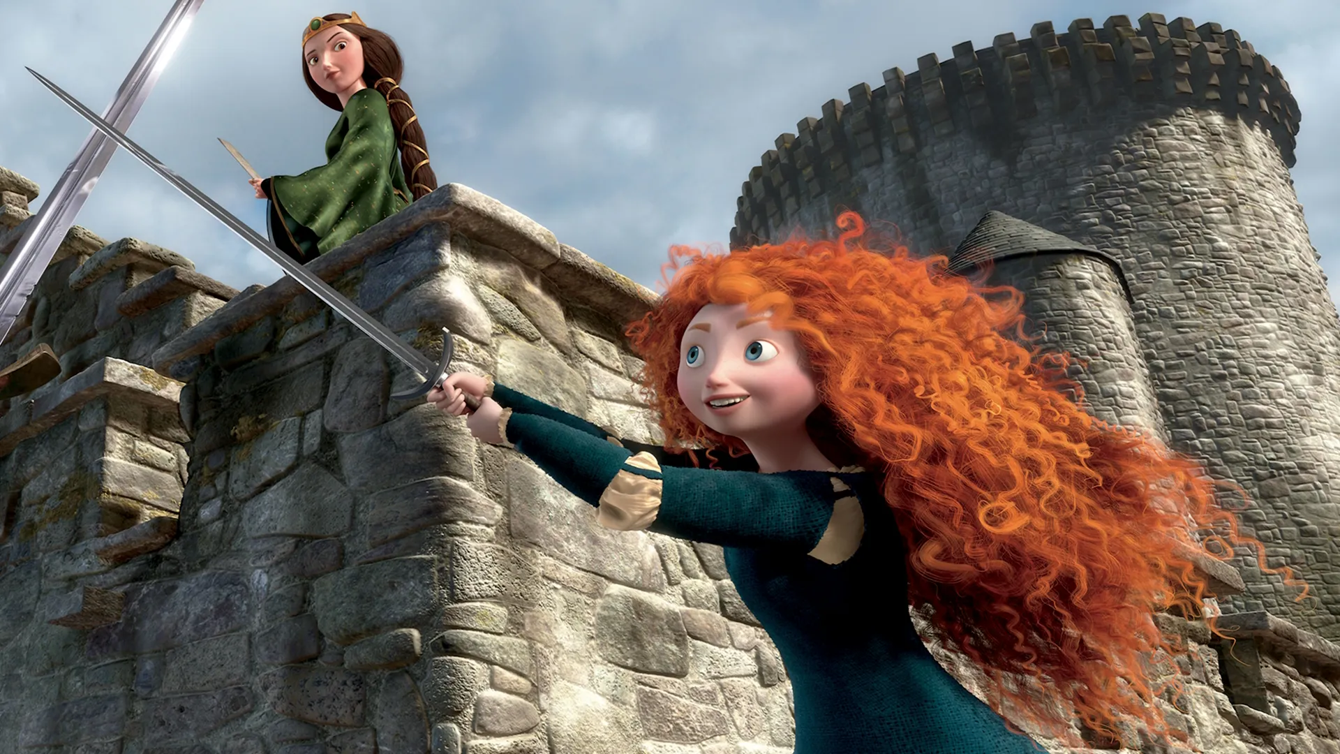 The characters shown are Princess Merida and her mother, Queen Elinor, within the courtyard of their castle in the Scottish Highlands in a scene from the 2012 Disney-Pixar animated film, Brave.