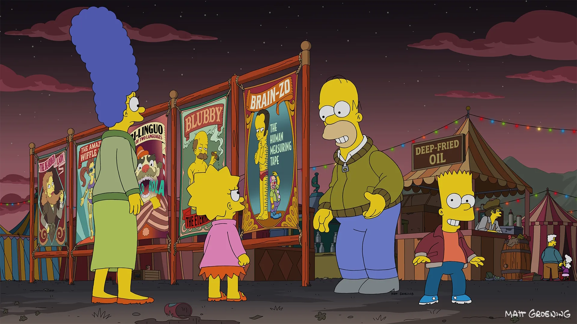 Marge, Lisa, Homer, and Bart Simpson walk through a nighttime carnival featuring side-show posters for attractions like "Blubby" and "Brain-Zo," alongside a "Deep-Fried Oil" food stand.