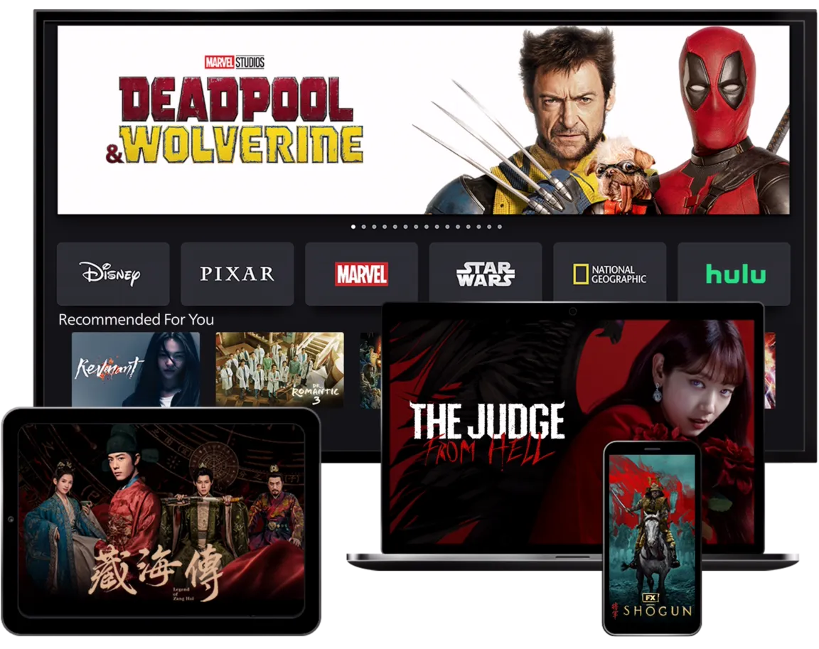 4 Devices showcasing the Disney+ product on TV, Mobile, Laptop, and Tablet