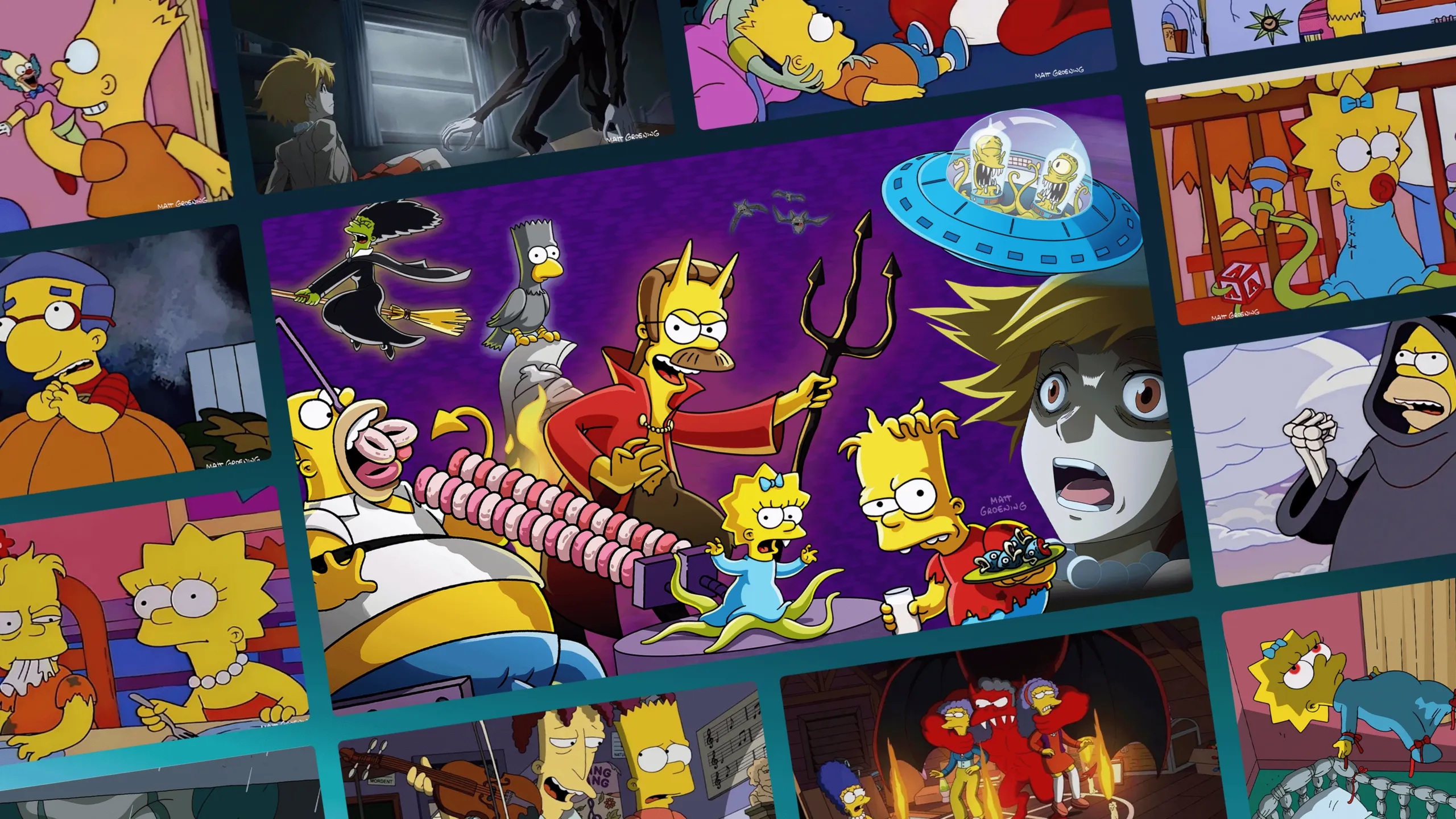 A collage of various "Treehouse of Horror" episodes from The Simpsons, featuring a large central image of Ned Flanders as the Devil surrounded by smaller, tilted rectangular screenshots of classic Halloween segments.