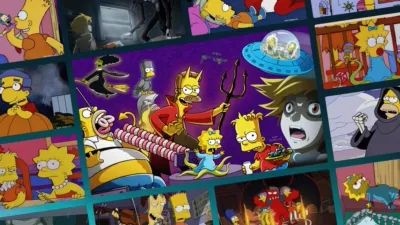 A collage of various "Treehouse of Horror" episodes from The Simpsons, featuring a large central image of Ned Flanders as the Devil surrounded by smaller, tilted rectangular screenshots of classic Halloween segments.