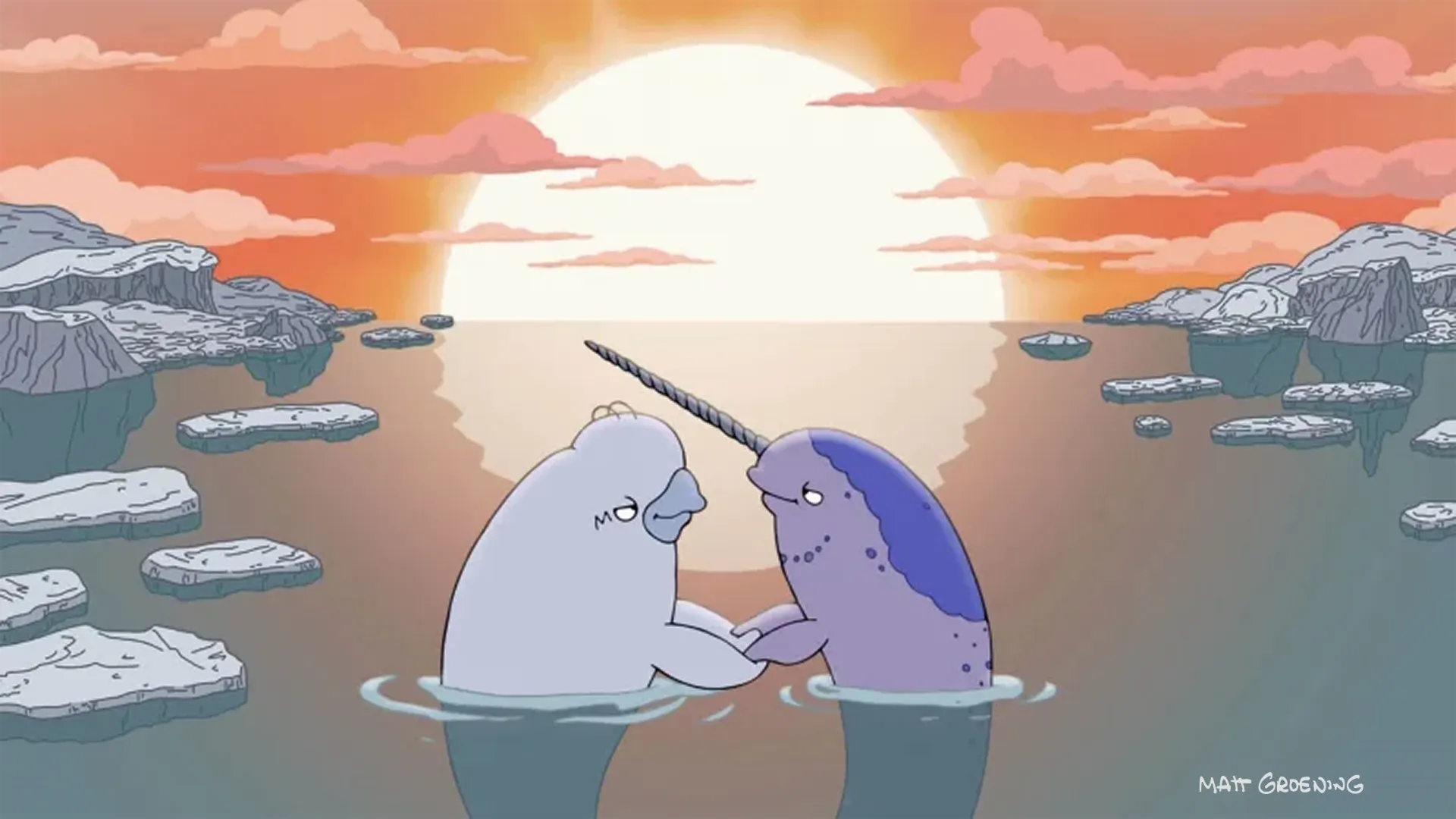 A light blue beluga whale and a purple narwhal hold fins in the water during a vibrant orange sunset filled with floating sheets of ice.