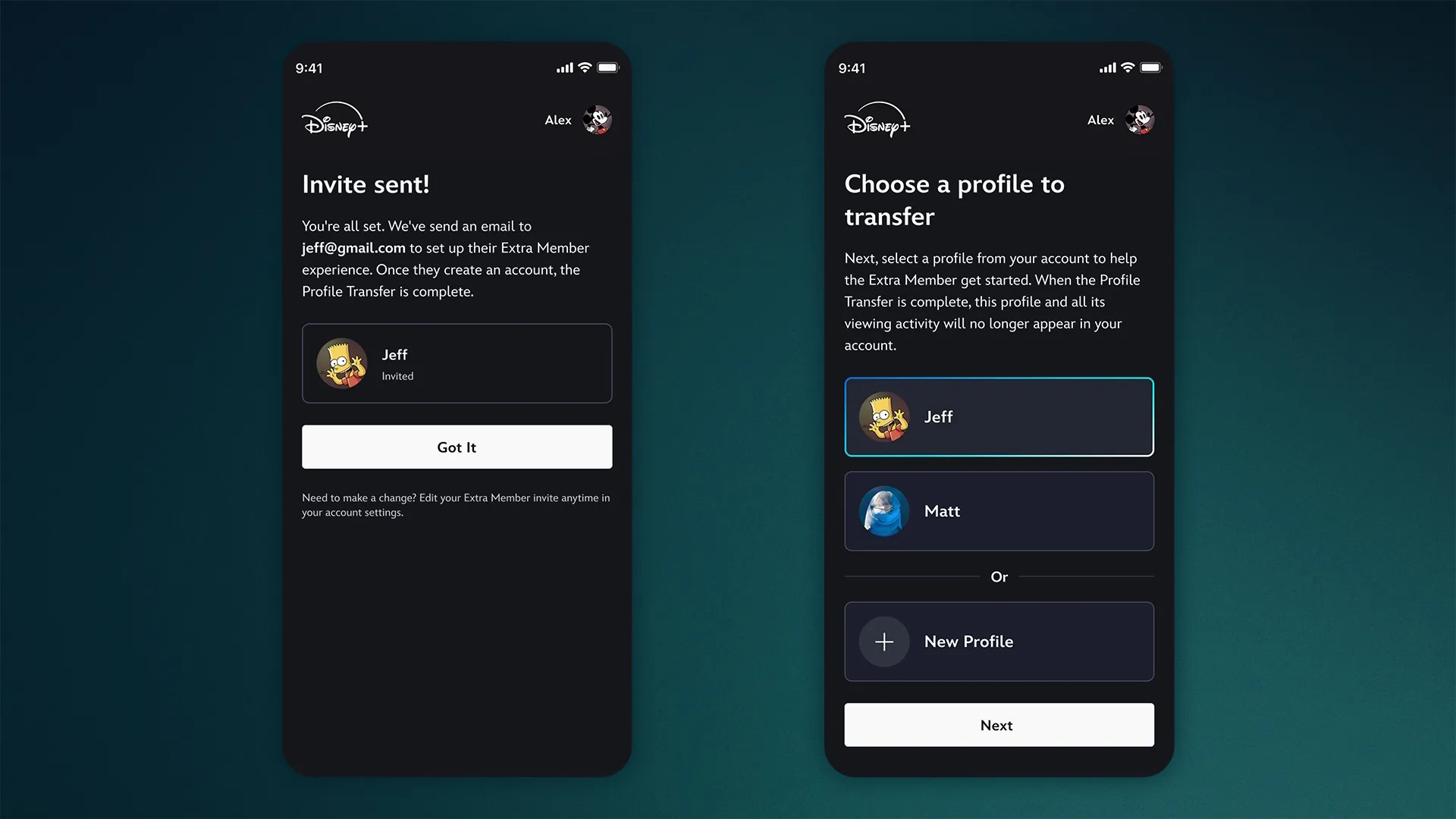 Mobile screens showing how to send an invite and choosing a profile to transfer.