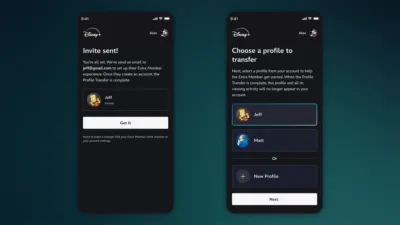 Mobile screens showing how to send an invite and choosing a profile to transfer.