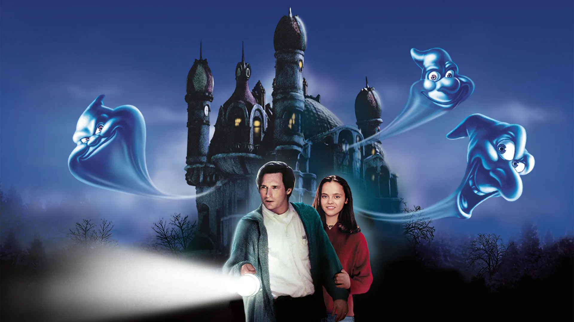 Promotional artwork for the 1995 movie Casper features Bill Pullman and Christina Ricci standing in the foreground with a flashlight, while Whipstaff Manor and three mischievous, glowing blue ghosts, Stretch, Stinkie, and Fatso, hover in the background under a dark night sky.