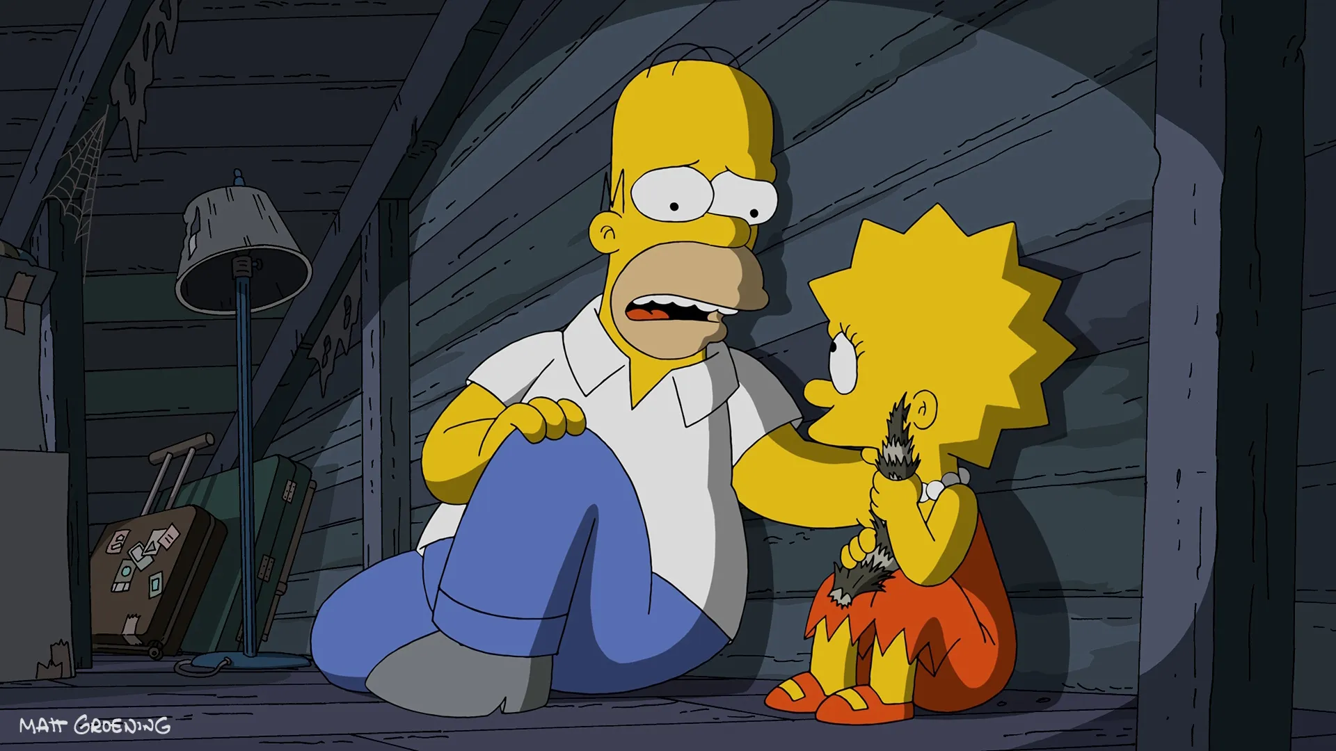 Homer Simpson sits closely beside a worried Lisa Simpson in a dark, dusty attic, gently comforting her as she clings tightly to a striped raccoon tail.