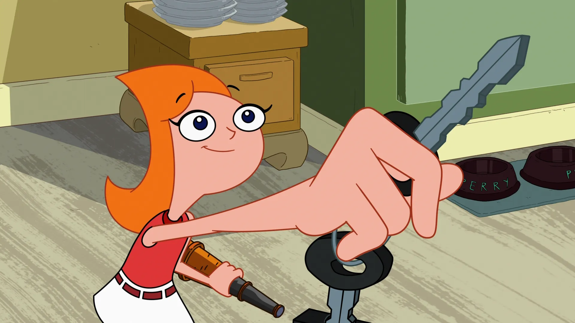 Candace (voiced by Ashley Tisdale) holds a key aloft in one hand and a telescope in the other