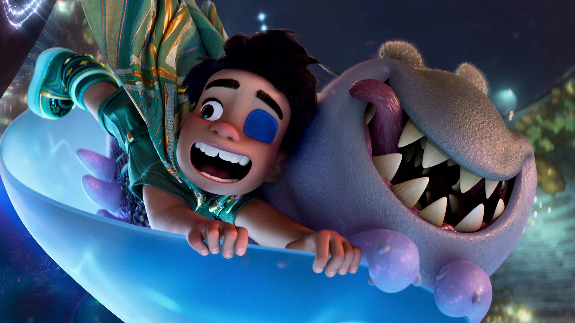 Elio (voiced by Yonas Kibreab) rides with Glordon (voiced by Remy Edgerly).