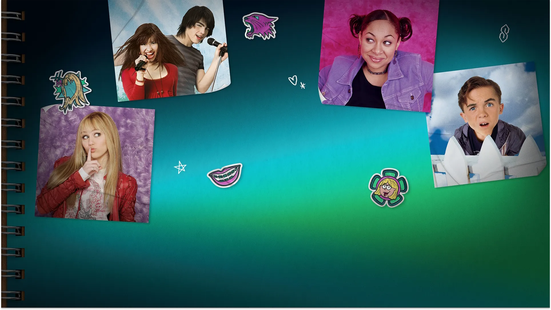 A promotional graphic for the "Throwbacks Collection" features photos of Demi Lovato and Joe Jonas from Camp Rock, Frankie Muniz from Malcolm in the Middle, and Miley Cyrus as Hannah Montana arranged like locker decorations against a teal background.