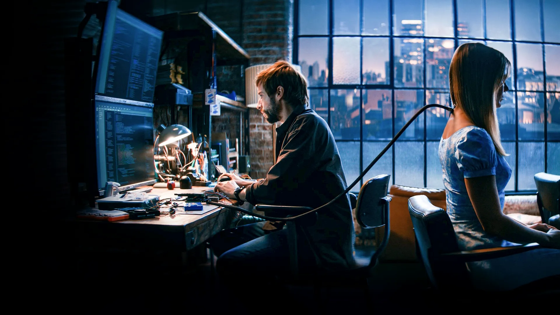 David Rysdahl as David Wasson with Lily Sullivan as AI android Sara in Soulm8te