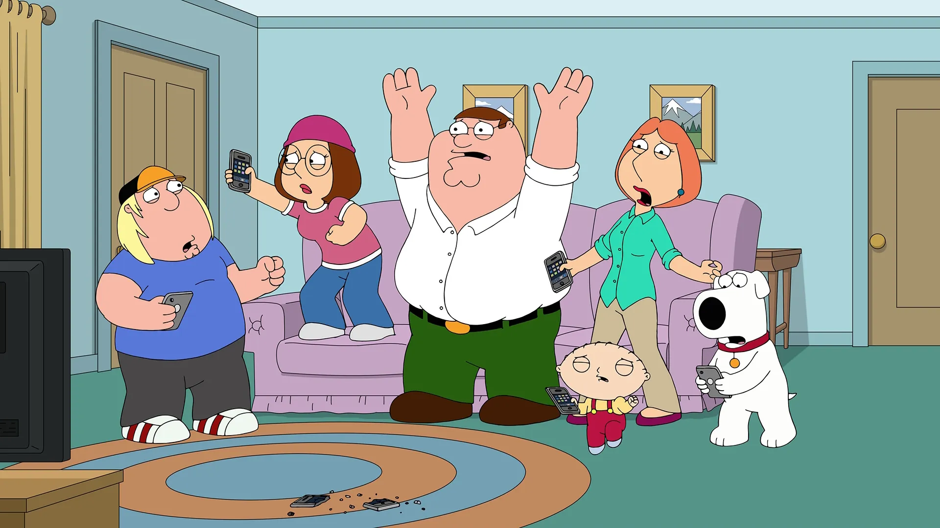 The Family Guy family panicking on their phones in front of the TV in the living room