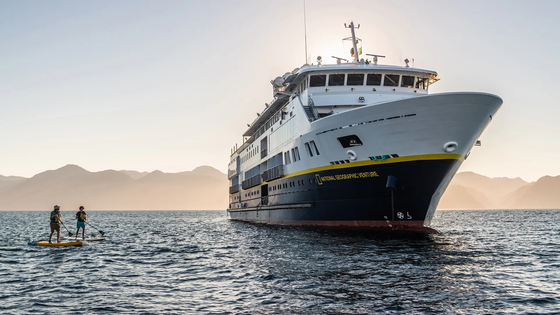 National Geographic Venture expedition ship on the water.