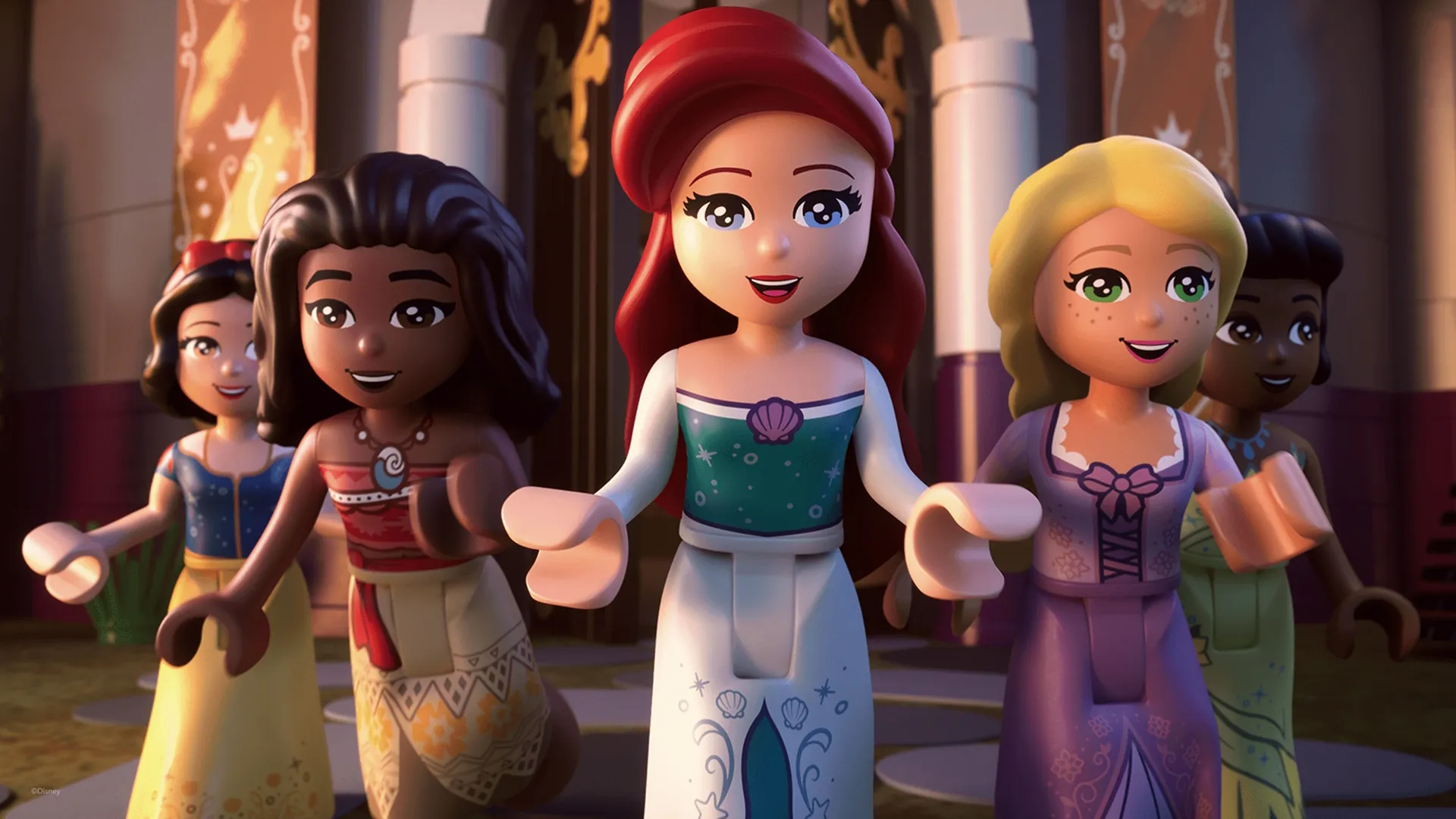 This image features characters (Ariel, Moana, Snow White, Rapunzel, and Tiana) from the 2023 animated TV special LEGO Disney Princess: The Castle Quest.