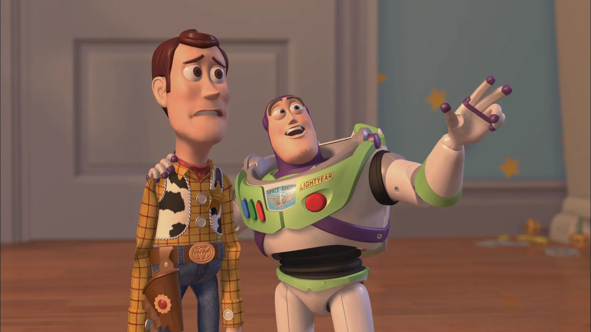 Woody and Buzz standing together in Toy Story 2.